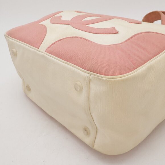 Authentic CHANEL CC Marshmallow Canvas Hand Bag Top Handle Tote Pink White - Picture 4 of 8